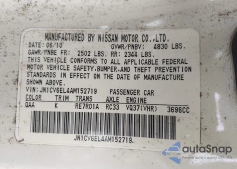 2010 Infiniti G37X from USA, damaged, VIN JN1CV6EL4AM152719